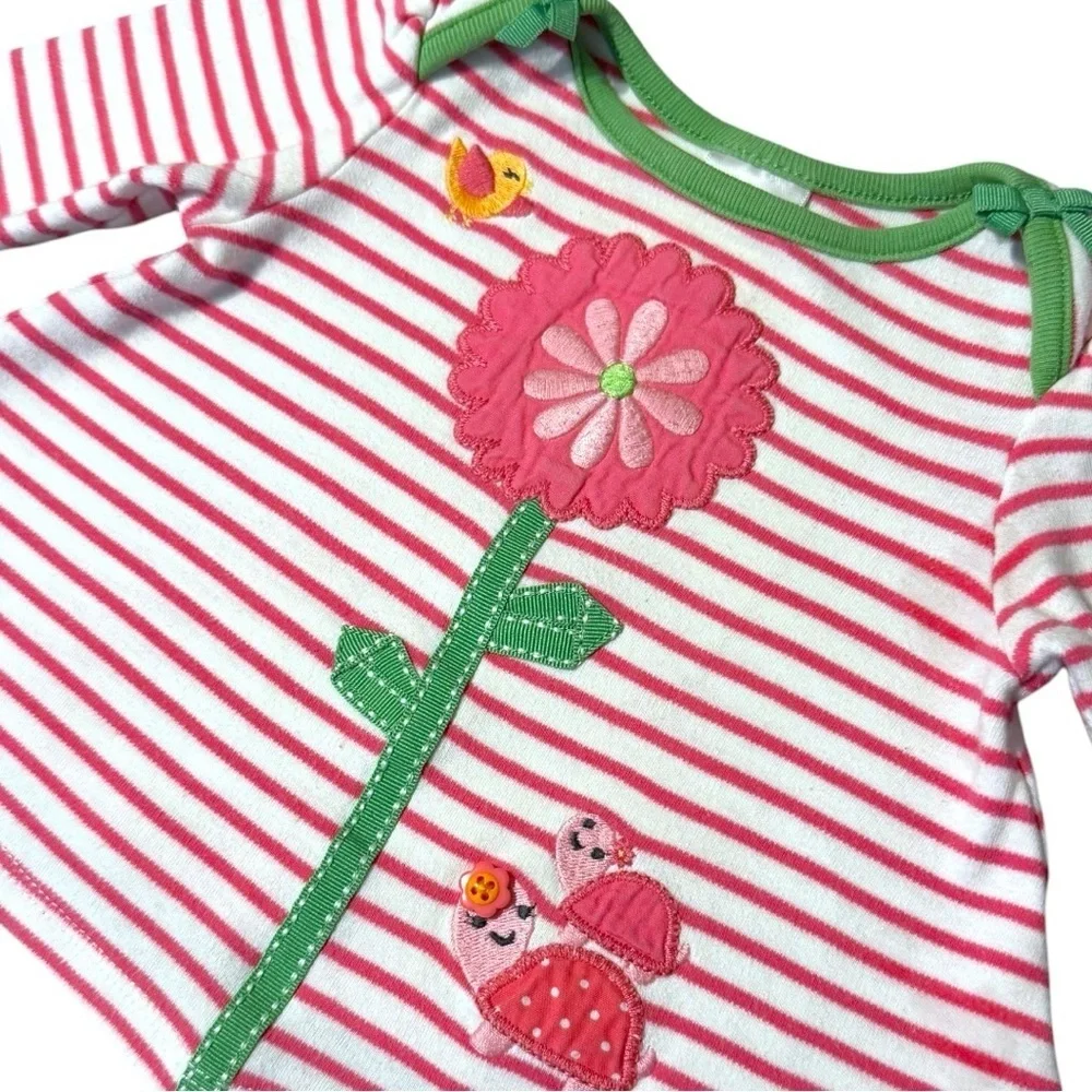 Vintage Gymboree Pink Striped Flower & Turtle Appliqué Top 0–3 Months